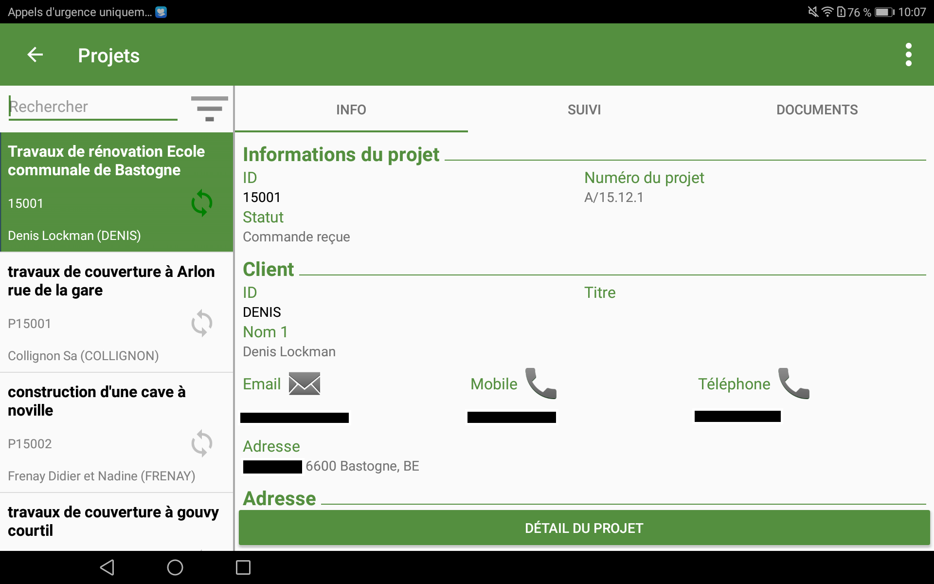 Details van projecten in de Hit-Mobile ERP-applicatie