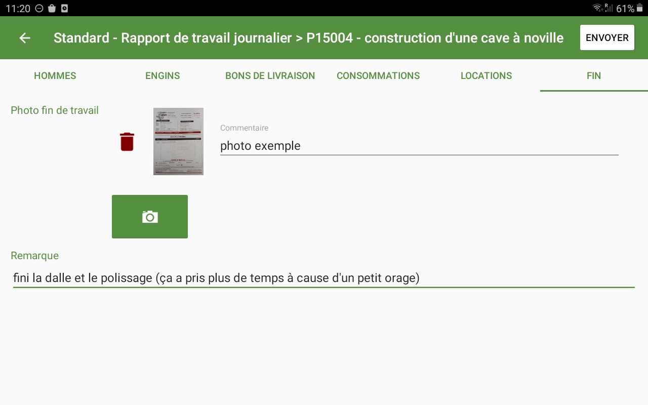 Exemple d'un rapport de chantier via l'application Hit-Form